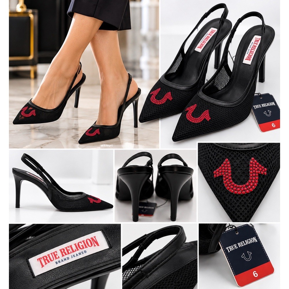 True Religion Ella Womens Heels Size 8 Black Red Rhinestone Slingback(17-b17)